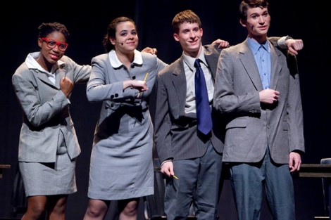 Left to right: Lorre Anne-Fisher ’12 (as Lia Silver), Grace Marchena ’15 (as Alice Miller), Eric Gallant ’15 (as Herb Lee), and  Jake Dunsmore ’15 (as Benjy Stone) 