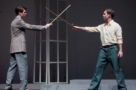 Jake Dunsmore ’15 (as Benjy Stone), left, as Benjy Stone and Tom Yeager '13 (as Alan Swann) have a sword fight.
