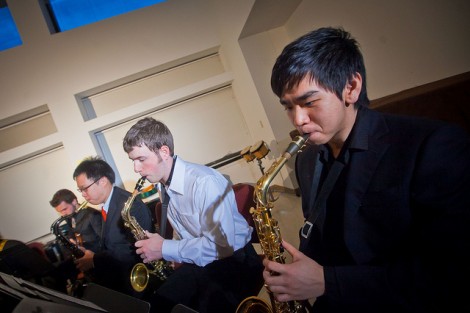 From l-r Andrew Ho '14, Kristofer Meehan '14, and Yue Yin '14 perform on sax.