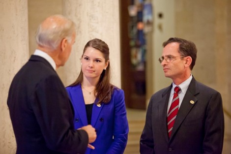 Caroline Lang '13, Student Government president, and President Daniel H. Weiss speak with Vice President Joe Biden prior to his address.