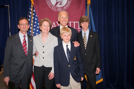 Vice President Joe Biden with the Weiss family, President Daniel H., l-r, Sandra Jarva, Joel, and Teddy 