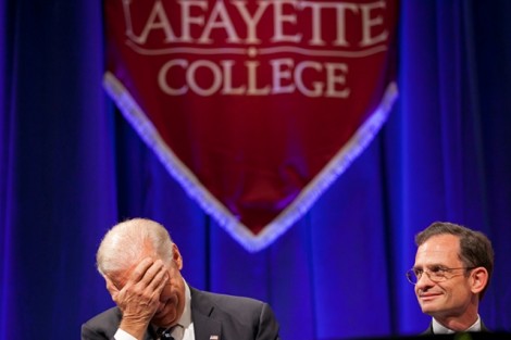 Vice President Joe Biden and Lafayette President Daniel H. Weiss react to a joke told by Caroline Lang '13, Student Government president.