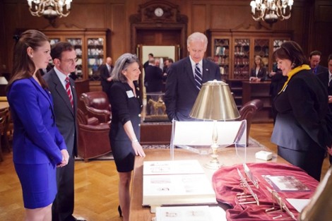 Caroline Lang '13, Student Government president, l-r; President Daniel H. Weiss; Leslie Muhlfelder, vice president for human resources and general counsel; Vice President Joe Biden; and Diane Shaw, director of special collections and College archivist, in Kirby Library