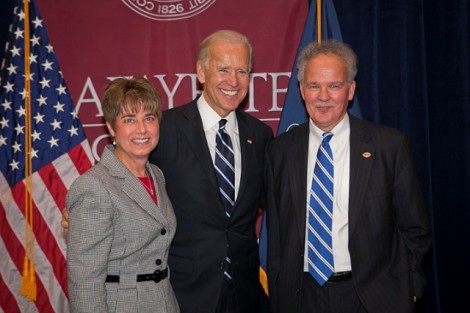 Vice President Joe Biden with Donna Krivoski, director of parent relations, and James Krivoski, executive assistant to the president, right