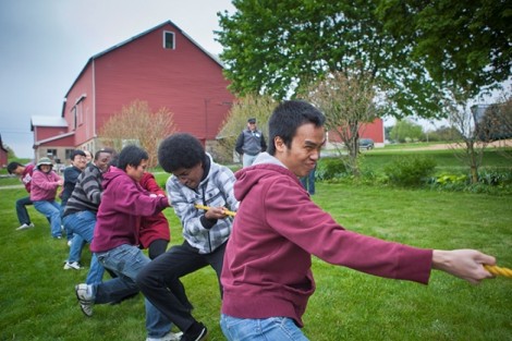 Students play tug of war.
