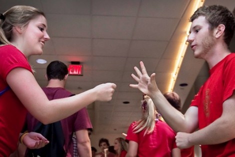 Hadleigh Maier '16 and Geoff Ader '16 play rock, paper, scissors to decide who will go first in another event.