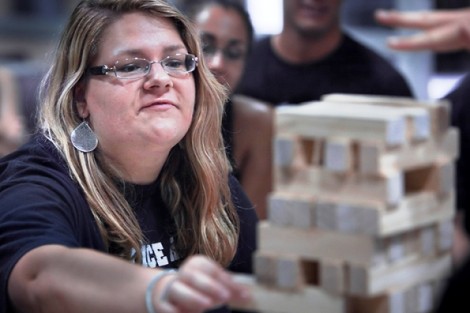 Kathryn Schwacha '16 makes a play during a Jenga match.
