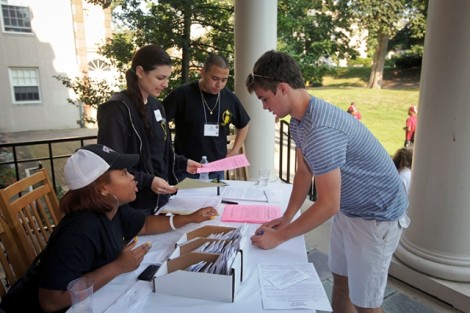 New students check in outside South College.