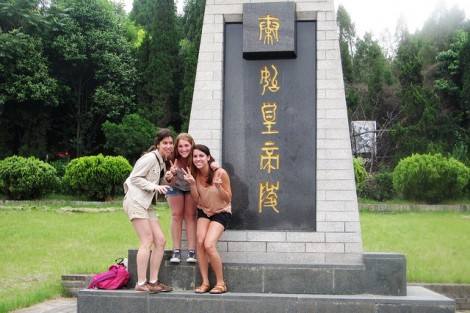 Left to right, Laura Goldberg '12, Kelley Harris '14, and Taylor Miller '13 at the tomb of the first emperor of China, Xi’an
