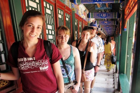(From left) Hannah Komar '13, Taylor Miller '13, Kelsey Theriault '13, and Daniel Choroser '13 in a traditional corridor in the Summer Palace, Beijing