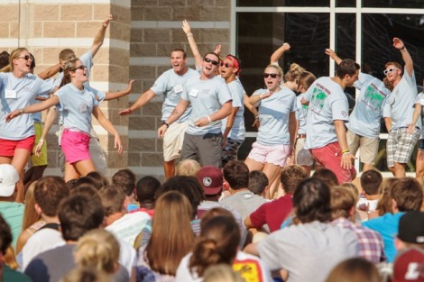 The orientation leaders perform for the new students.