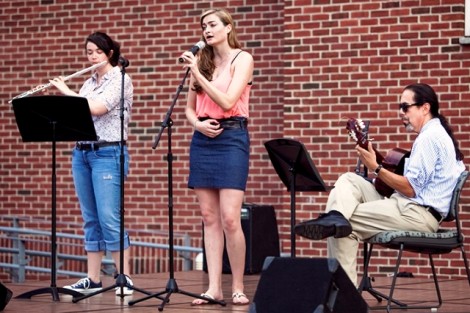The Marquis Consort Duo performs. From left to right are Hannah Quinlan ’13, Erin Townley ’14, and Jorge Torres, director and associate professor of music.
