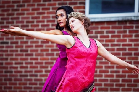 Nandini Sikand, left, assistant professor of film and media studies, and Carrie Rohman, assistant professor of English, perform a dance entitled 'Point of Departure.'