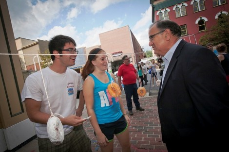 Easton Mayor Sal Panto talks with students prior to the donut-eating contest.