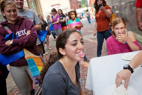 Jackie Andrews '16 wins the pie-eating contest by being the first to blow a bubble.