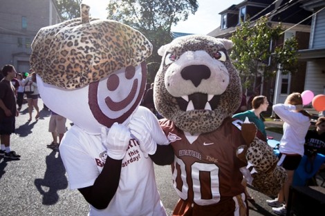 The Block pARTy mascot and the Lafayette Leopard pose for a photo.