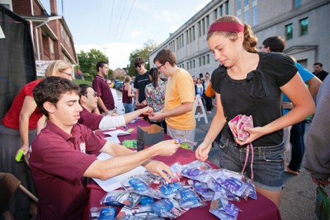 Students register to get their free Lafayette Dollars and other goodies.