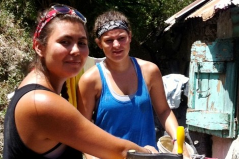 Madeleine O'Neill '13, left, and Jess Rothstein '13 wait for glue to dry on the filter.