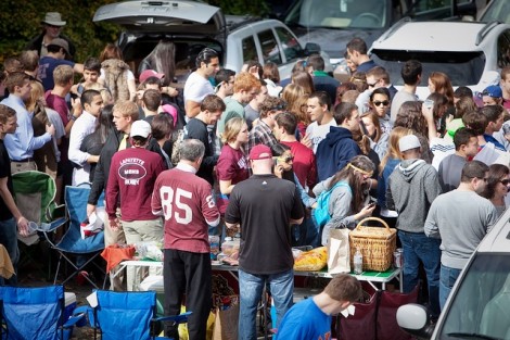 Alumni, students, and staff tailgate in Markle Parking Deck.