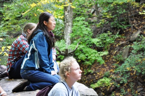 Andrea Mikol '13, l-r, Xinyi Sandy Ma '13, and Zoe Nemerever '13 commune with the waterfall from a huge rock used by Hudson River School painters.