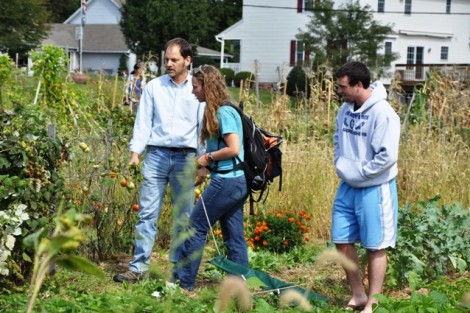Professor David Brandes, Zoe Nemerever '13, and Ryan McVeigh '13 learn the importance of locally grown food at the Lafayette Organic Garden.