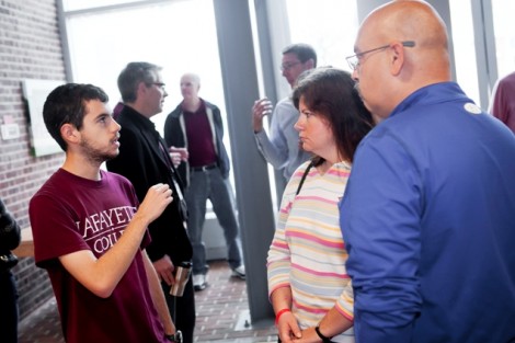 During Family Weekend, parents and students met with members of the engineering faculty as part of the annual coffee break in Acopian Engineering Center.