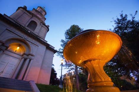 The fountain on Dan O’Neil Plaza with Colton Chapel in the background
