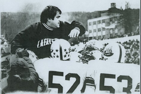 Coach Bill Russo is carried off the field after Lafayette beat Lehigh in 1981. Gary Yogan ’84 and Joe Calhoun '83 are in foreground.