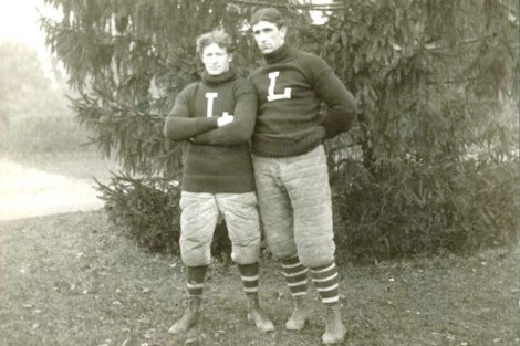 George B. Walbridge, Class of 1898, left, was captain of the 1896 team and right halfback, and Charles R. Rinehart, Class of 1898, was captain of the 1897 team and quarterback.