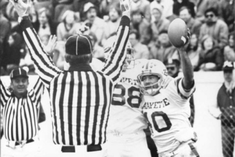Ed Opatkiewicz ’82 (88) and Rodger Shepko ’84 (40) celebrate after a touchdown in the 1981 game.