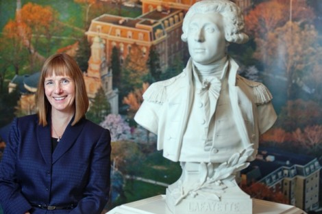 Alison Byerly with the bust of the Marquis de Lafayette in Markle Hall