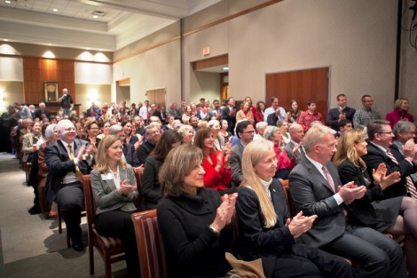 The announcement was made before a standing room only crowd in Pfenning Alumni Center.