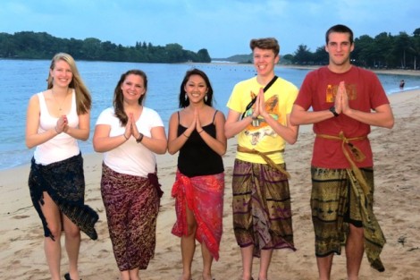 Annie Groves '13, Katie Zeikel '15, Shannon Noll '13, Willem Ytsma '16, and Derek Vill '14 show off their sarongs on the beach in Nusa Dua, Bali.