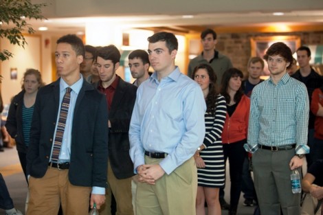 Students wait their turn to address President-Elect Alison Byerly during a question-and-answer session.  