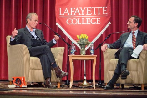 President Daniel H. Weiss, right, leads the question-and-answer session with Martin Amis.