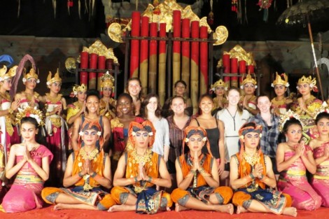 Students with a Jegog (giant bamboo gamelan), performers, and dancers