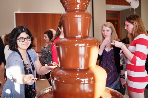 Students enjoy the chocolate fountain.