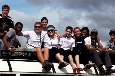 Lafayette students rest atop their bus after visiting a Peace Corp volunteer in Ambatondrazaka.