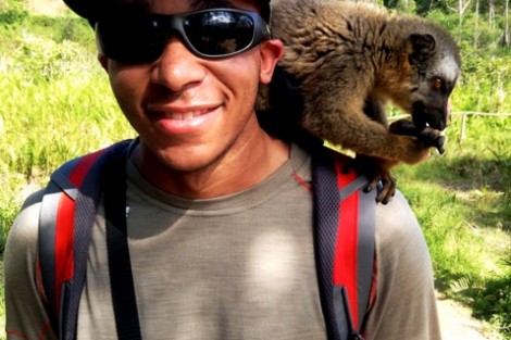 Kyle Tucker '14 interacts with a Lemur in Andasibe, Madagascar.