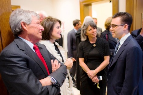 Richard A. Grossman ’64, left, and Rissa Welt Grossman chat with Leslie Muhlfelder '81, vice president for human resources, and Jacob White '15.