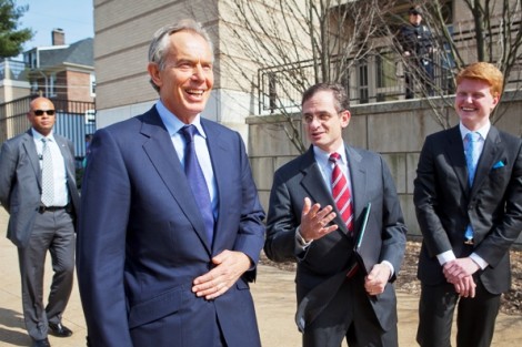 Tony Blair, l-r, meets President Daniel H. Weiss and Student Government president Michael Prisco ’14.