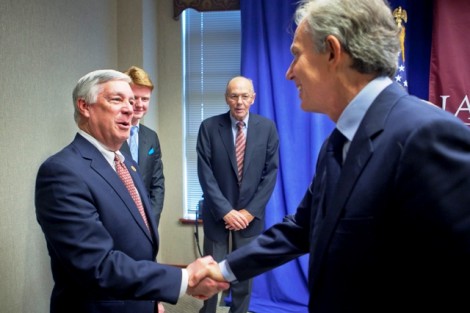 Edward W. Ahart ’69, chair of the Board of Trustees, meets Tony Blair.