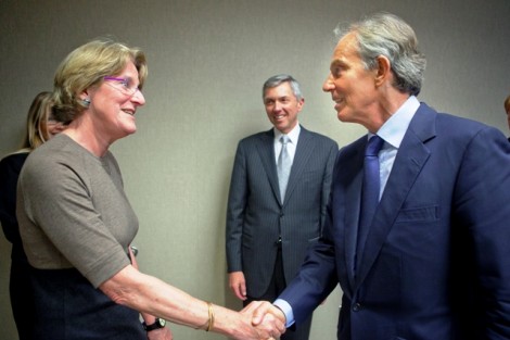 Nancy J. Kuenstner ‘75, secretary of the Board of Trustees, meets Tony Blair.