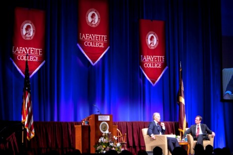 Tony Blair and Lafayette President Daniel H. Weiss during the question-and-answer session.