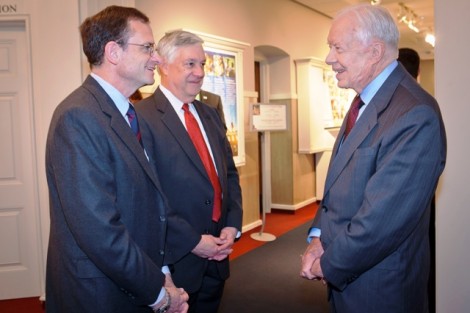 Lafayette President Daniel H. Weiss (left), and Edward W. Ahart ’69, chair of the Board of Trustees, greet President Jimmy Carter in Markle Hall.