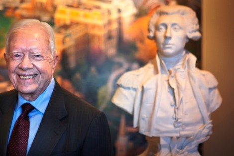 President Jimmy Carter with the bust of the Marquis de Lafayette in Markle Hall.