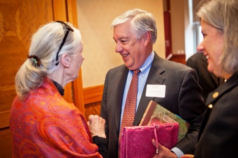 Jane Goodall speaks with Edward W. Ahart ’69, chair of the Board of Trustees.