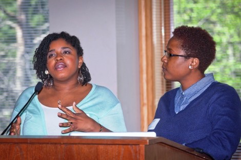 Danyelle Smith '14, left, president of the Association of Black Collegians, and Ciera Eaddy '14, vice president of ABC, give an overview of the organization’s events and programs this year.