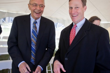 Walter Oechsle ’57, left, shares a laugh with Jim Dicker '85, vice president for development and College relations.