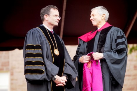 President Daniel Weiss receives the hood representative of his honorary degree from Steven Pryor ’71, vice president of the Board of Trustees.